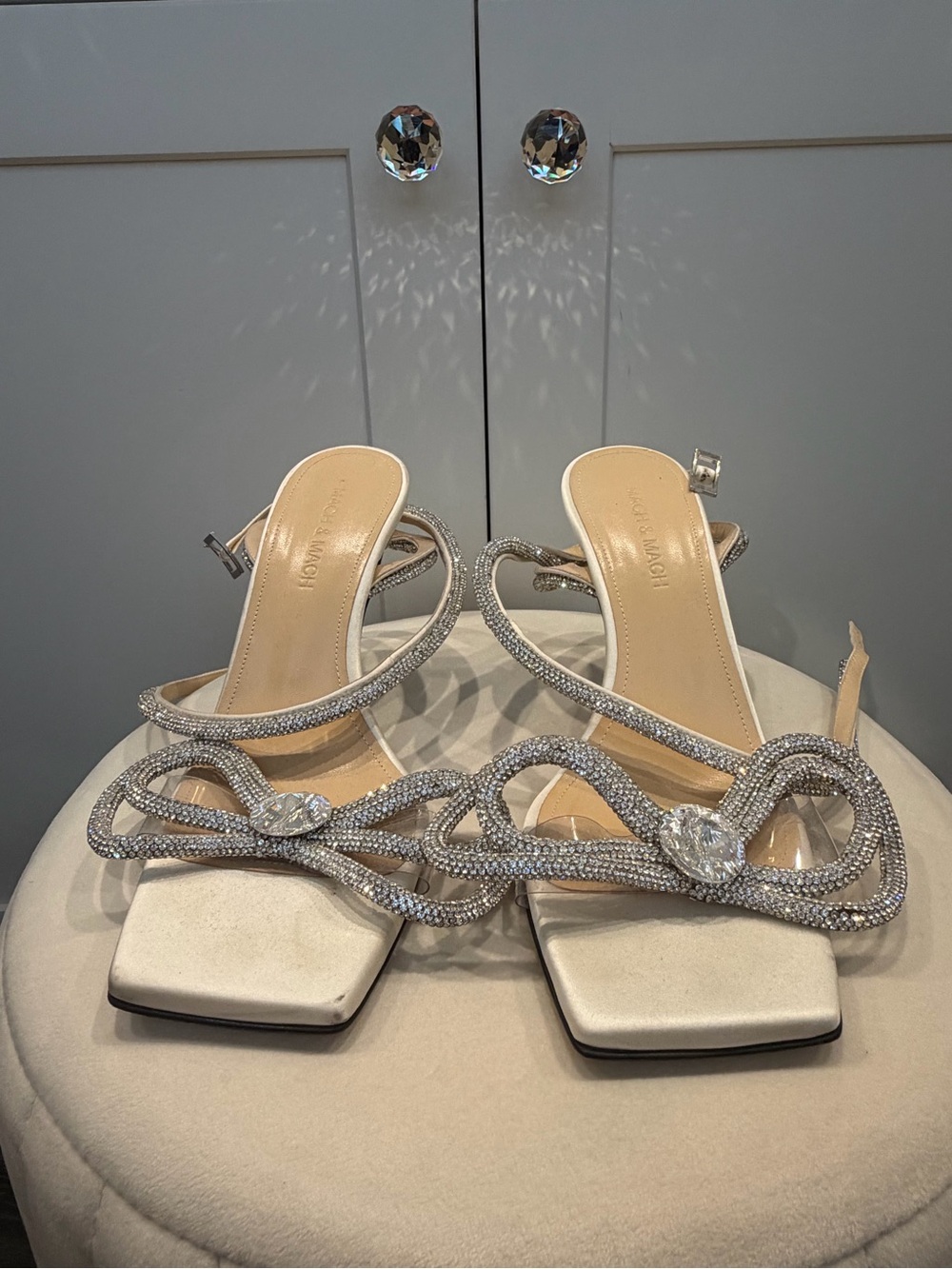 Crystal-Embellished Ivory Strappy Heels by